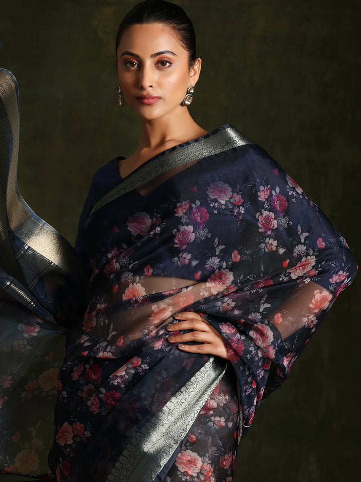 Blue Printed Organza Saree With Unstitched Blouse Piece