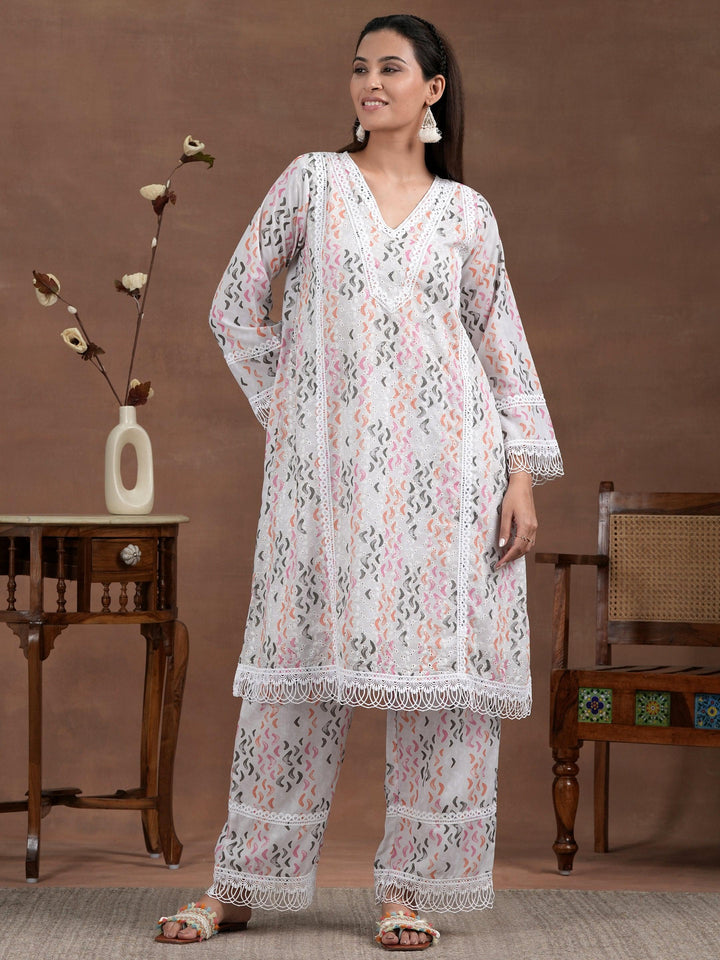 Off white Printed Cotton A-Line Kurta With Palazzos