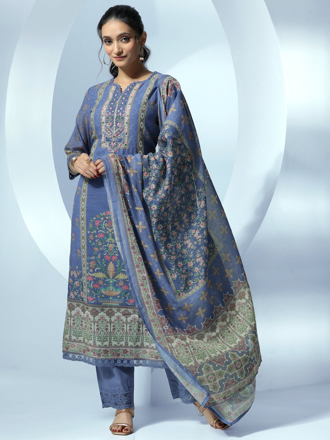 Blue Printed Cotton Blend Straight Suit With Dupatta