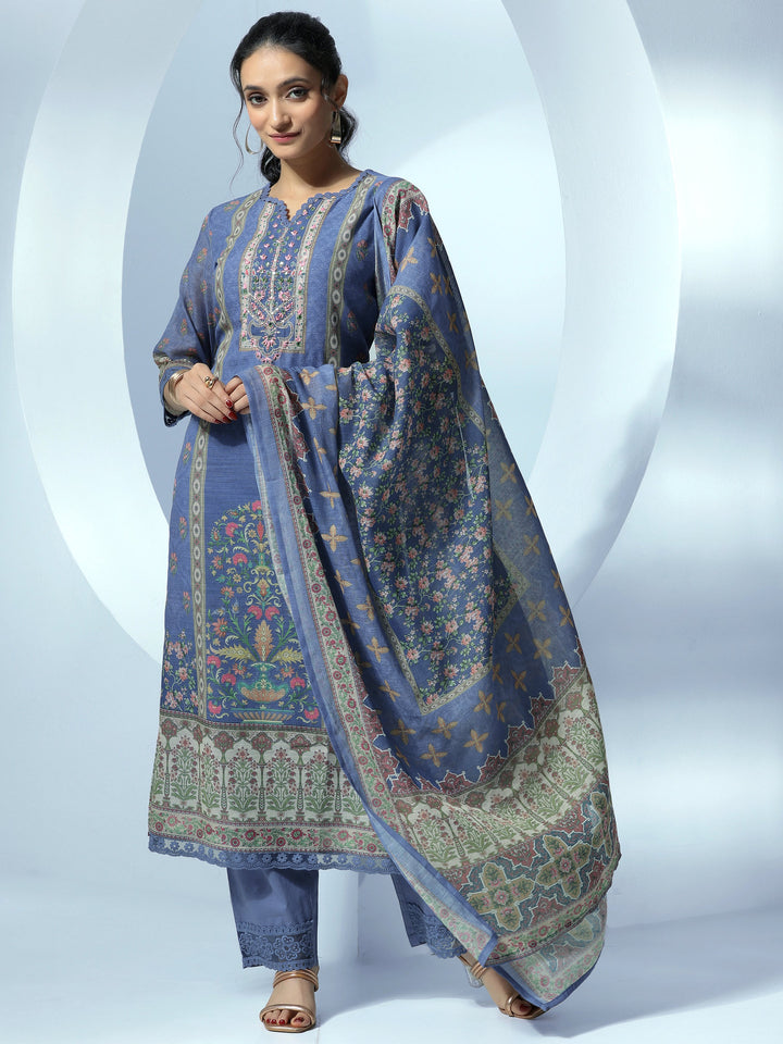 Blue Printed Cotton Blend Straight Suit With Dupatta