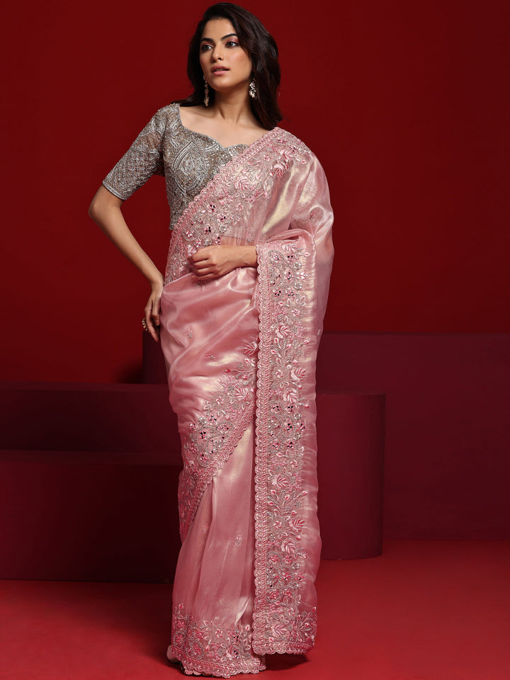 Libas Art Pink Embroidered Silk Blend Saree With Unstitched Blouse Piece