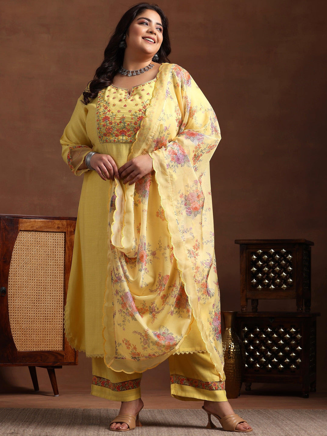 Plus Size Yellow Yoke Design Silk Blend Straight Suit With Dupatta