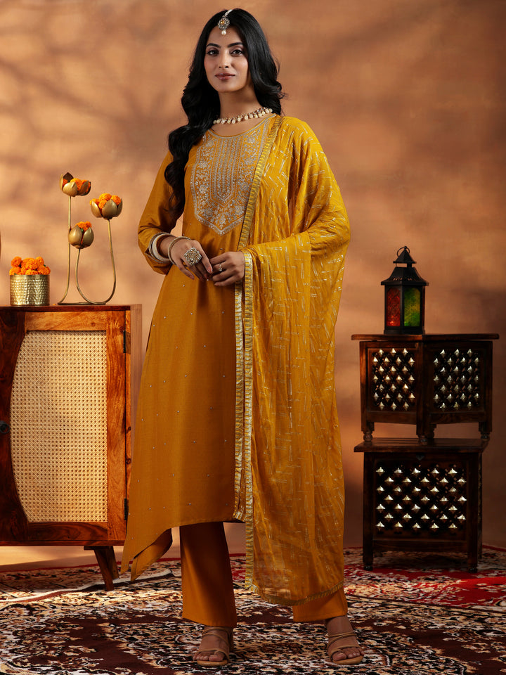 Mustard Embroidered Silk Blend Straight Suit With Dupatta