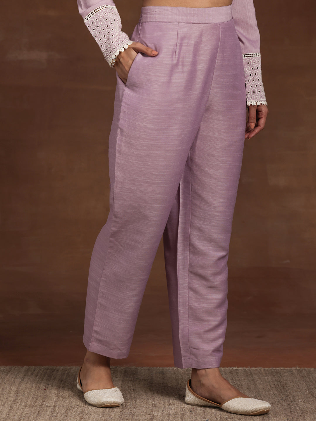 Lilac Embroidered Silk Blend Straight Suit With Dupatta