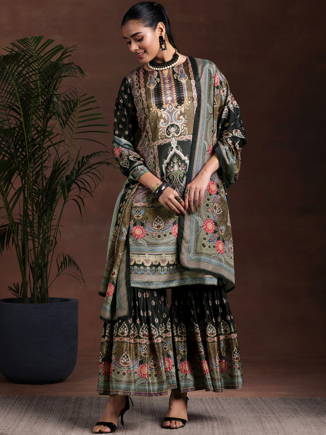 Multi Printed Silk Blend Straight Suit With Dupatta