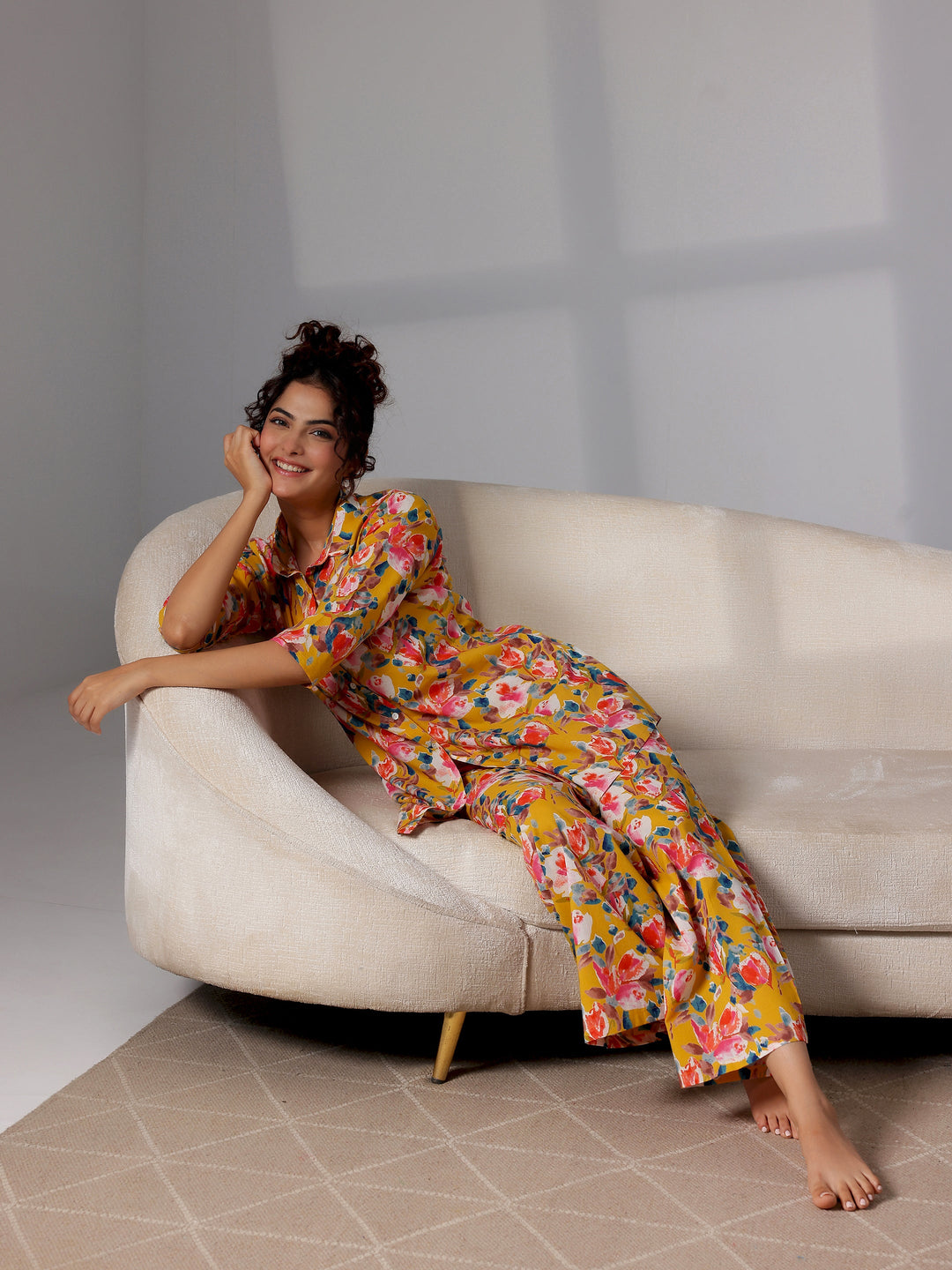 Mustard Printed Cotton Night Suits