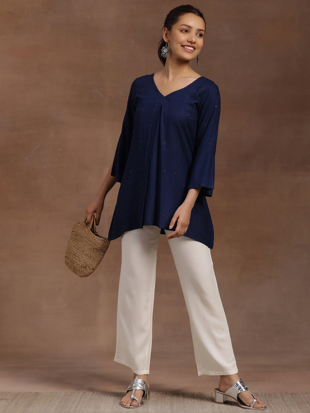 Blue Solid Cotton Blend A-line Kurti