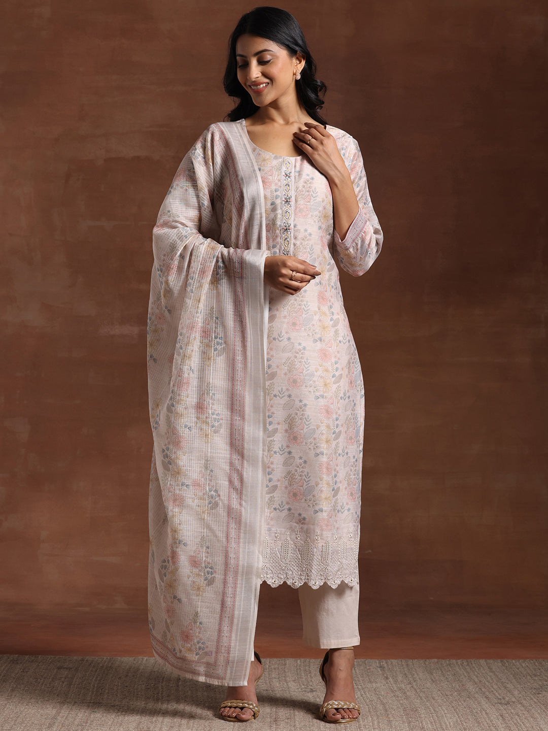 Beige Printed Chanderi Silk Straight Suit With Dupatta