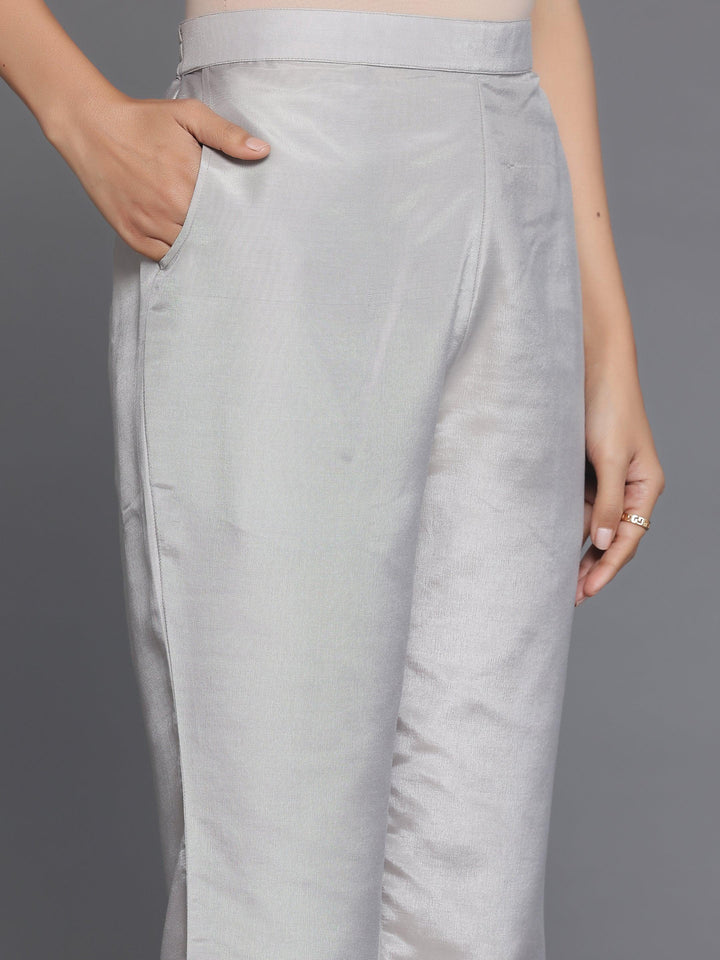 Grey Printed Silk Blend A-Line Kurta With Trousers