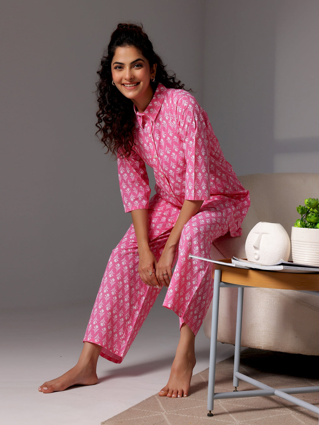 Pink Printed Cotton Night Suits