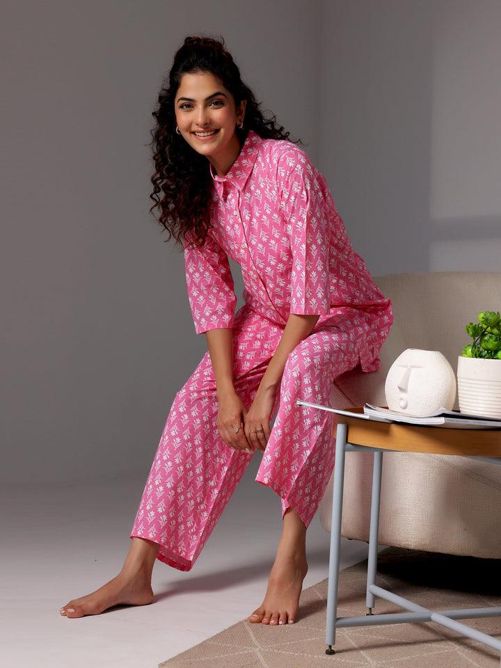 Pink Printed Cotton Night Suits