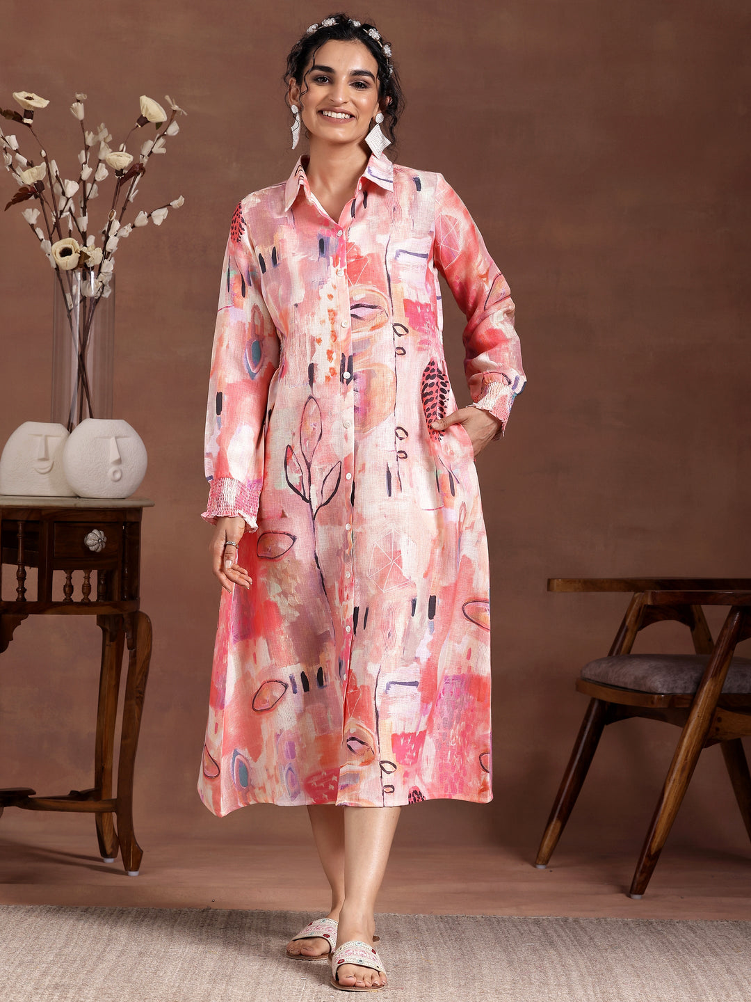 Peach Printed Cotton Blend A-Line Dress