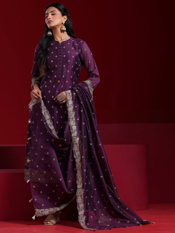 Libas Art Wine Embroidered Chanderi Silk Straight Suit With Dupatta
