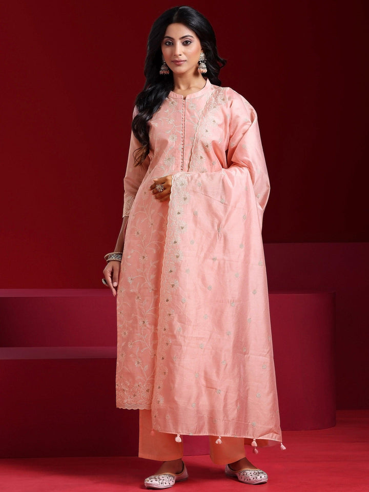 Libas Art Pink Embroidered Chanderi Silk Straight Suit With Dupatta