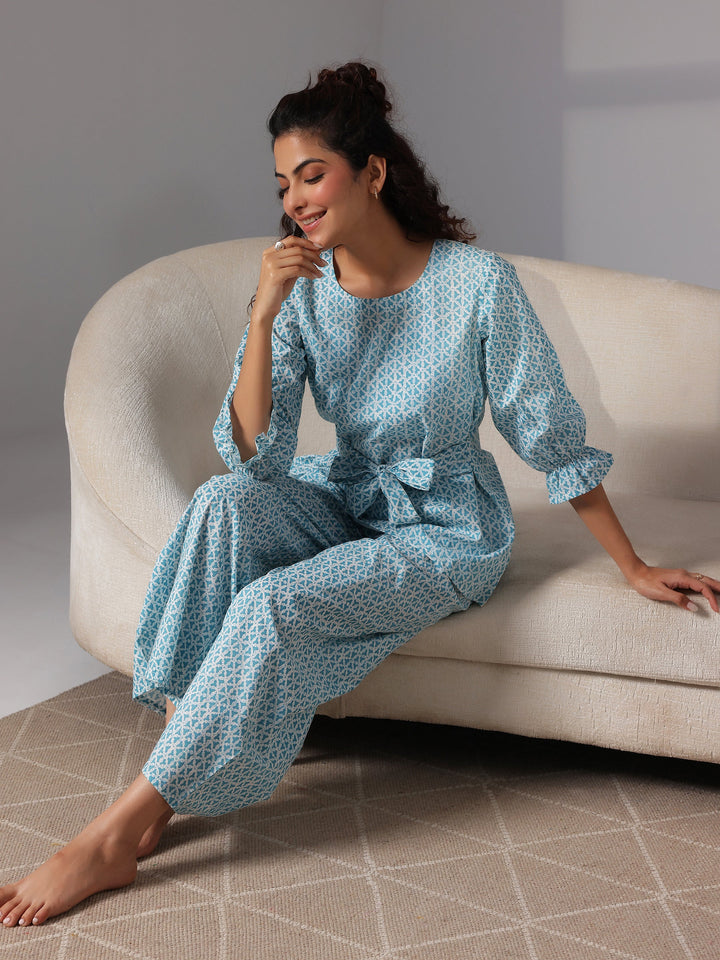 Blue Printed Cotton Night Suits