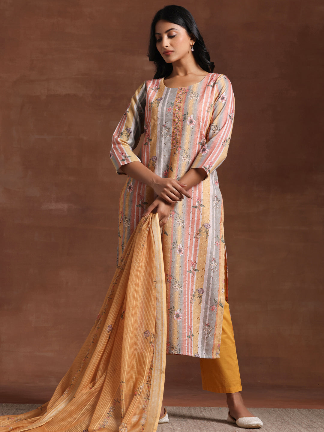 Mustard Striped Cotton Straight Suit With Dupatta