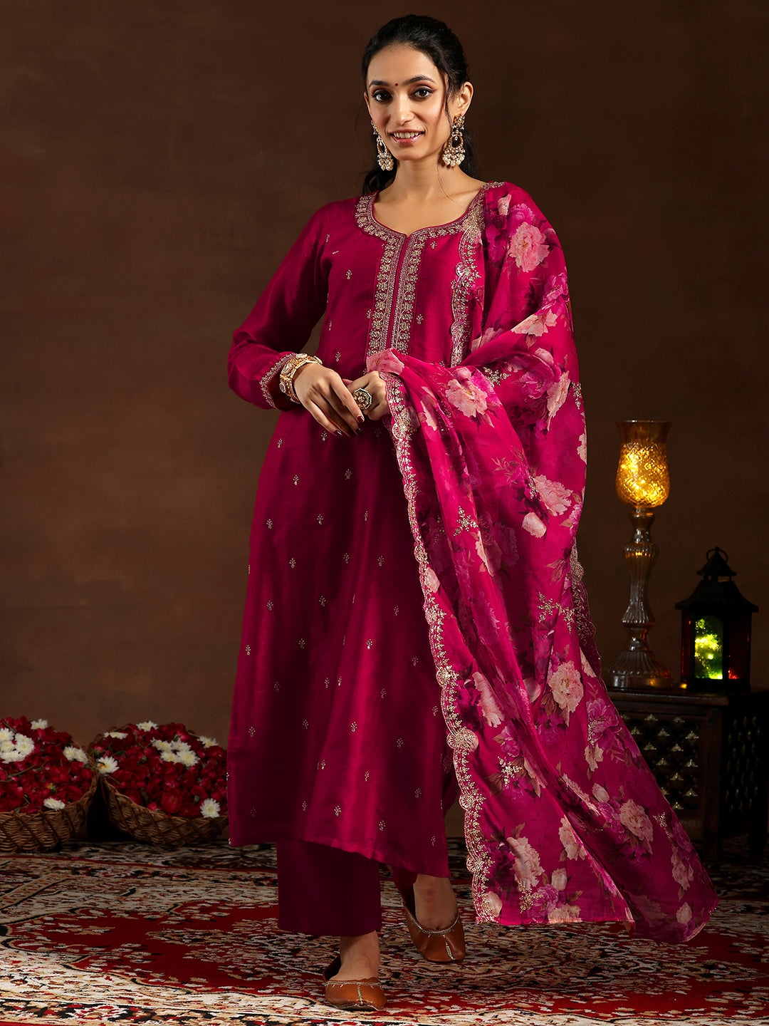 Red Embroidered Silk Blend Straight Suit With Dupatta
