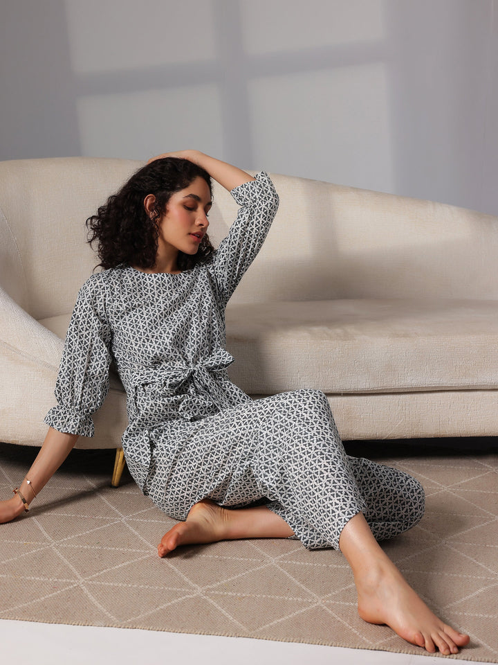 Grey Printed Cotton Night Suits