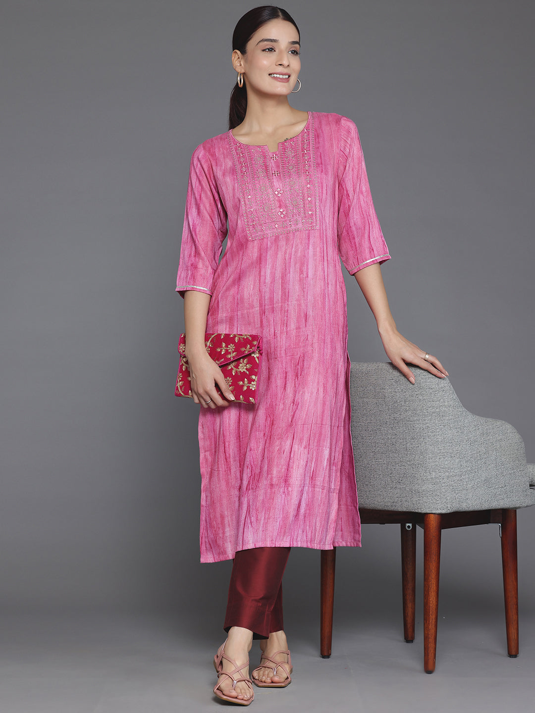 Pink Yoke Design Cotton Straight Kurta