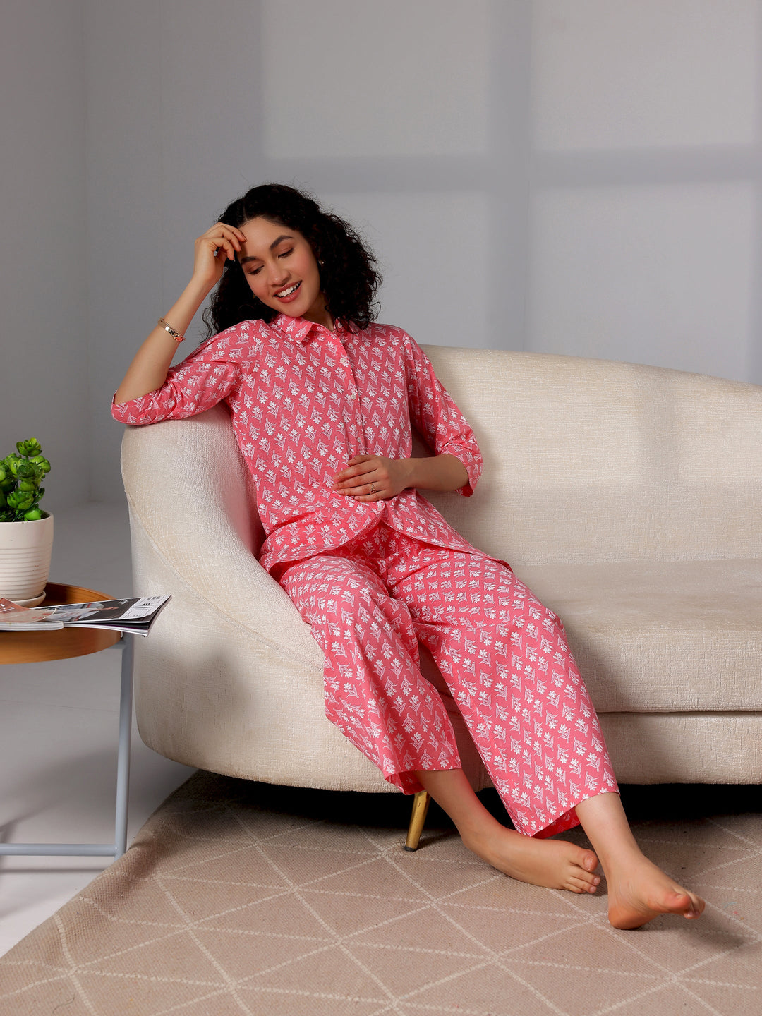 Peach Printed Cotton Night Suits