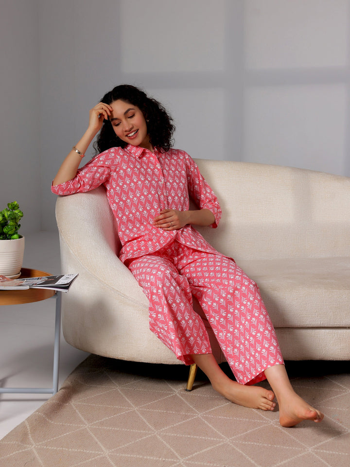 Peach Printed Cotton Night Suits