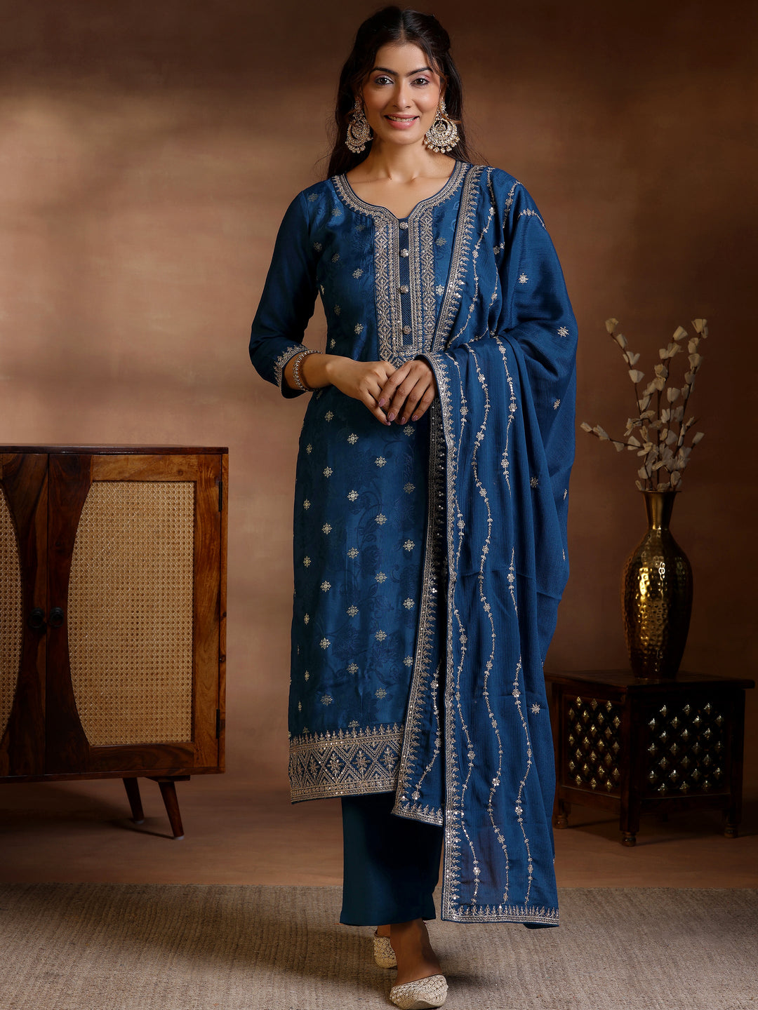 Navy Blue Woven Design Silk Blend Straight Suit With Dupatta