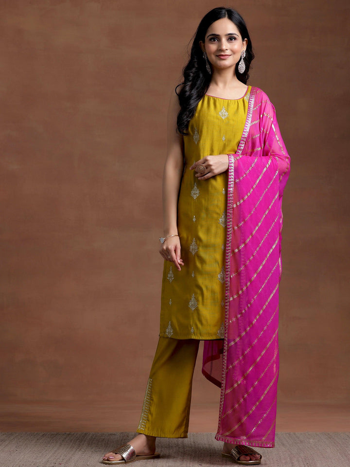 Mustard Embroidered Silk Blend Straight Suit With Dupatta