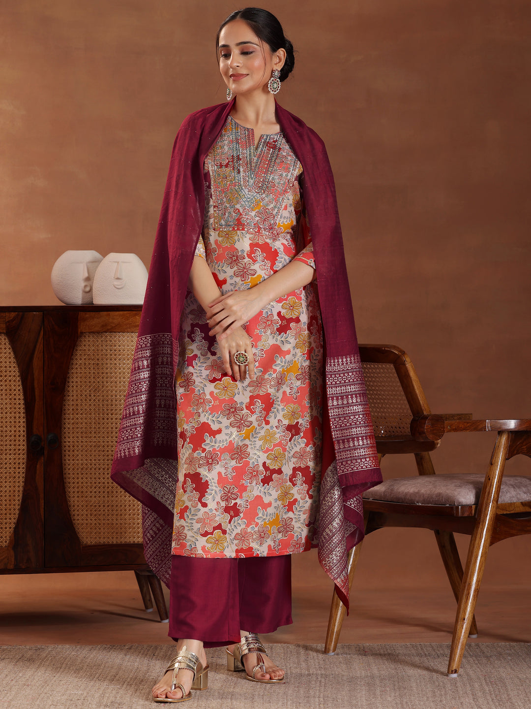 Red Printed Silk Blend Straight Suit With Dupatta