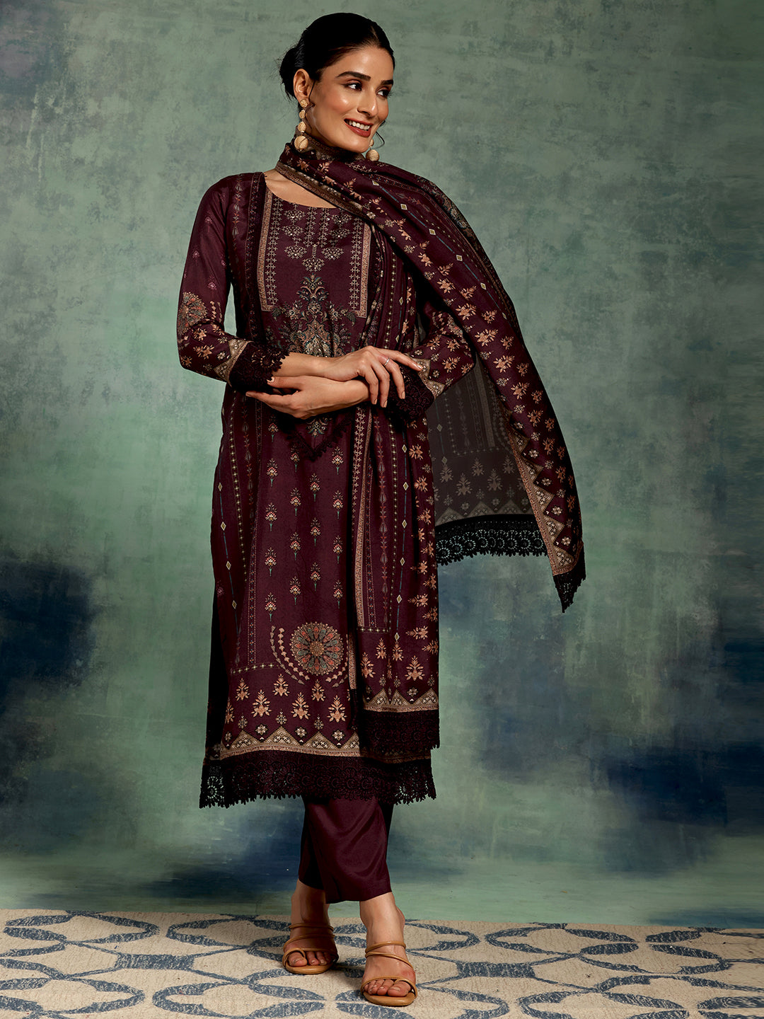 Wine Printed Silk Blend Straight Suit Set With Dupatta