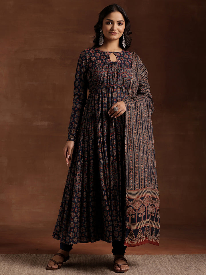 Blue Printed Cotton Anarkali Suit With Dupatta