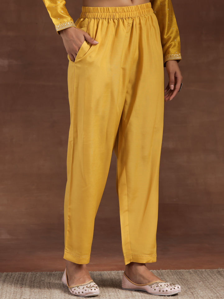 Mustard Embroidered Silk Blend A-Line Kurta With Palazzos & Dupatta