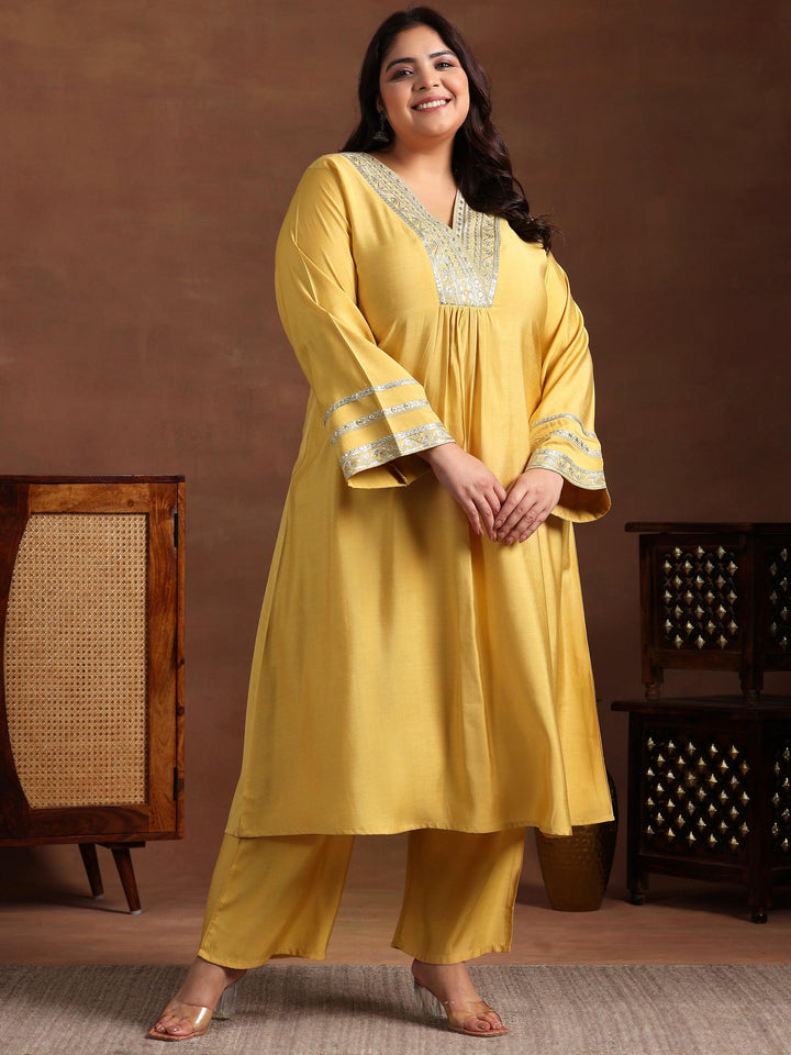 Plus Size Yellow Yoke Design Silk Blend A-Line Kurta With Trousers