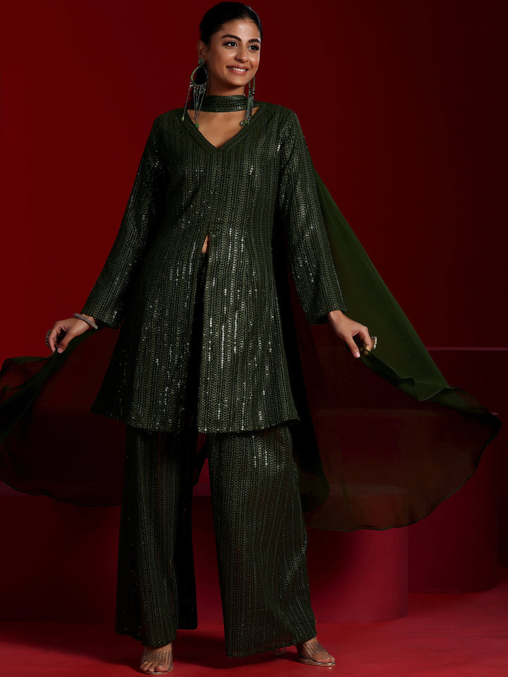 Mehreen Libas Art Wine Embroidered Georgette A-Line Kurta With Palazzos & Dupatta