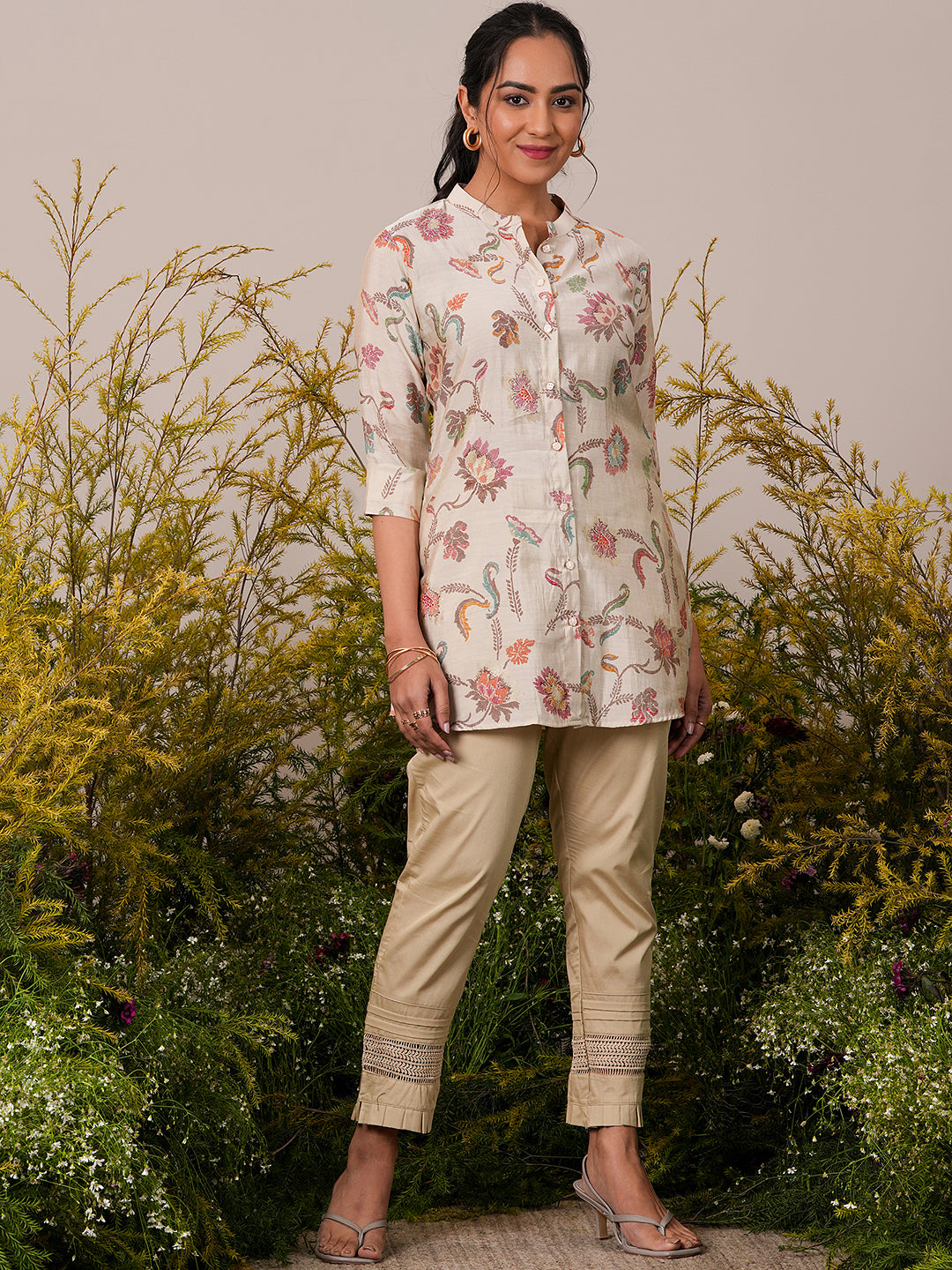 Beige Printed Silk Blend A-Line Kurti