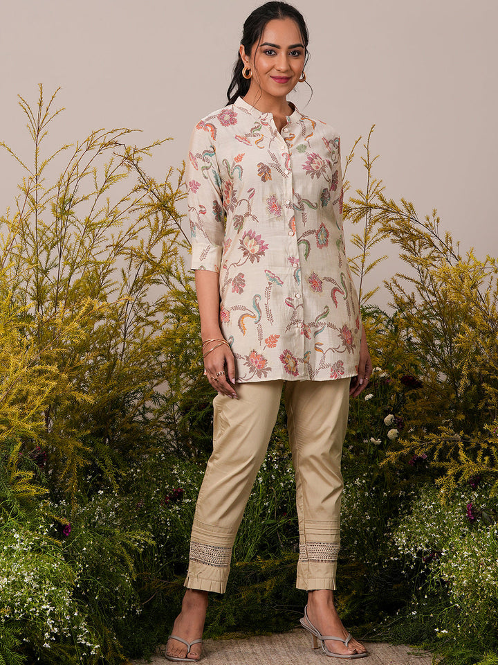 Beige Printed Silk Blend A-Line Kurti