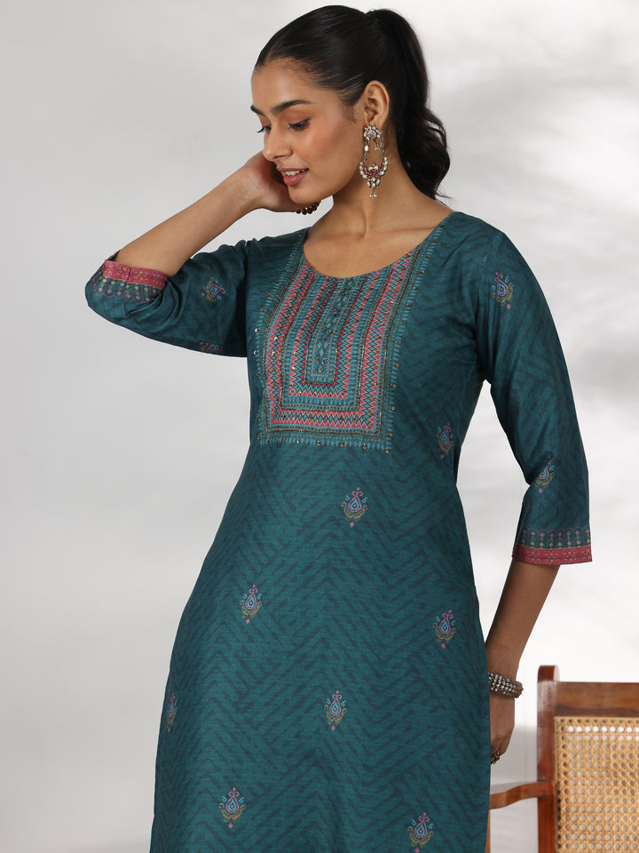 Teal Green Printed Silk Blend Straight Suit With Dupatta