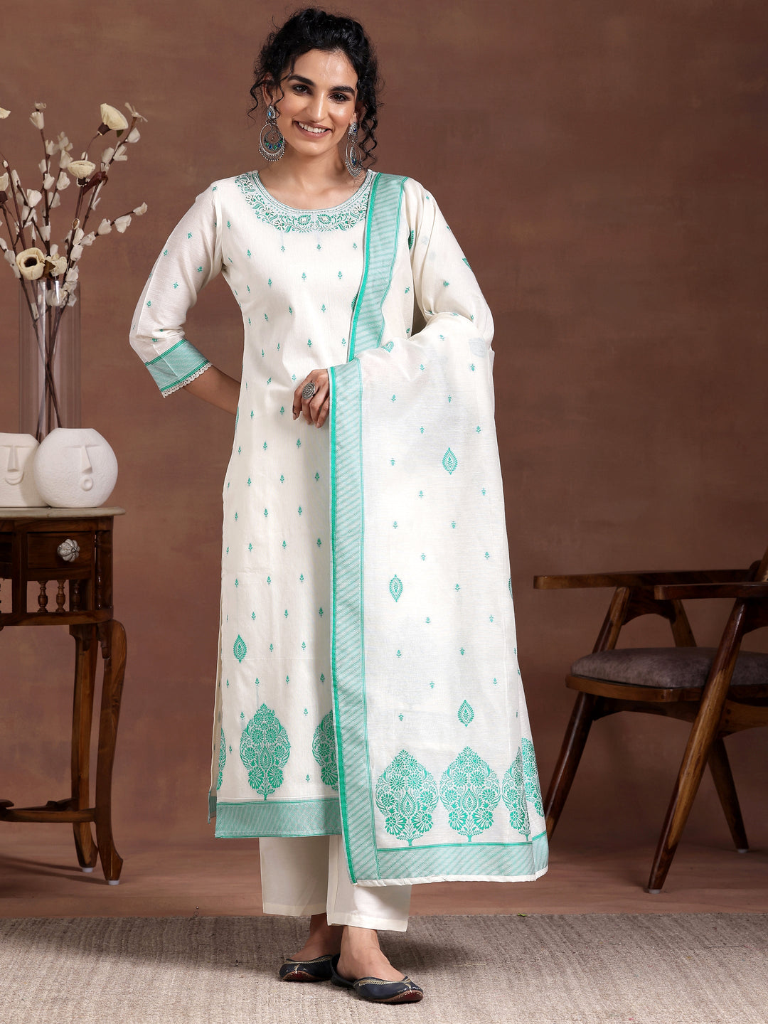 Off White Woven Design Chanderi Silk Straight Suit With Dupatta