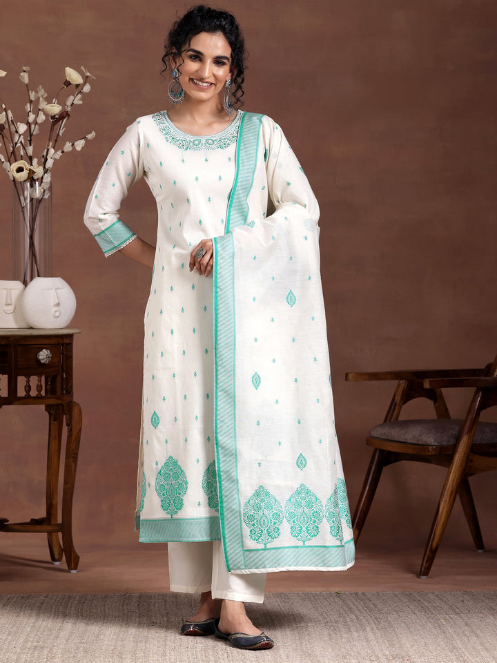 Off White Woven Design Chanderi Silk Straight Suit With Dupatta