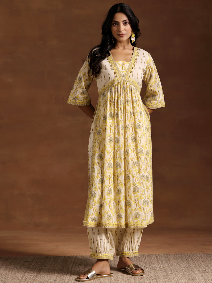 Yellow Printed Cotton A-Line Kurta With Salwar