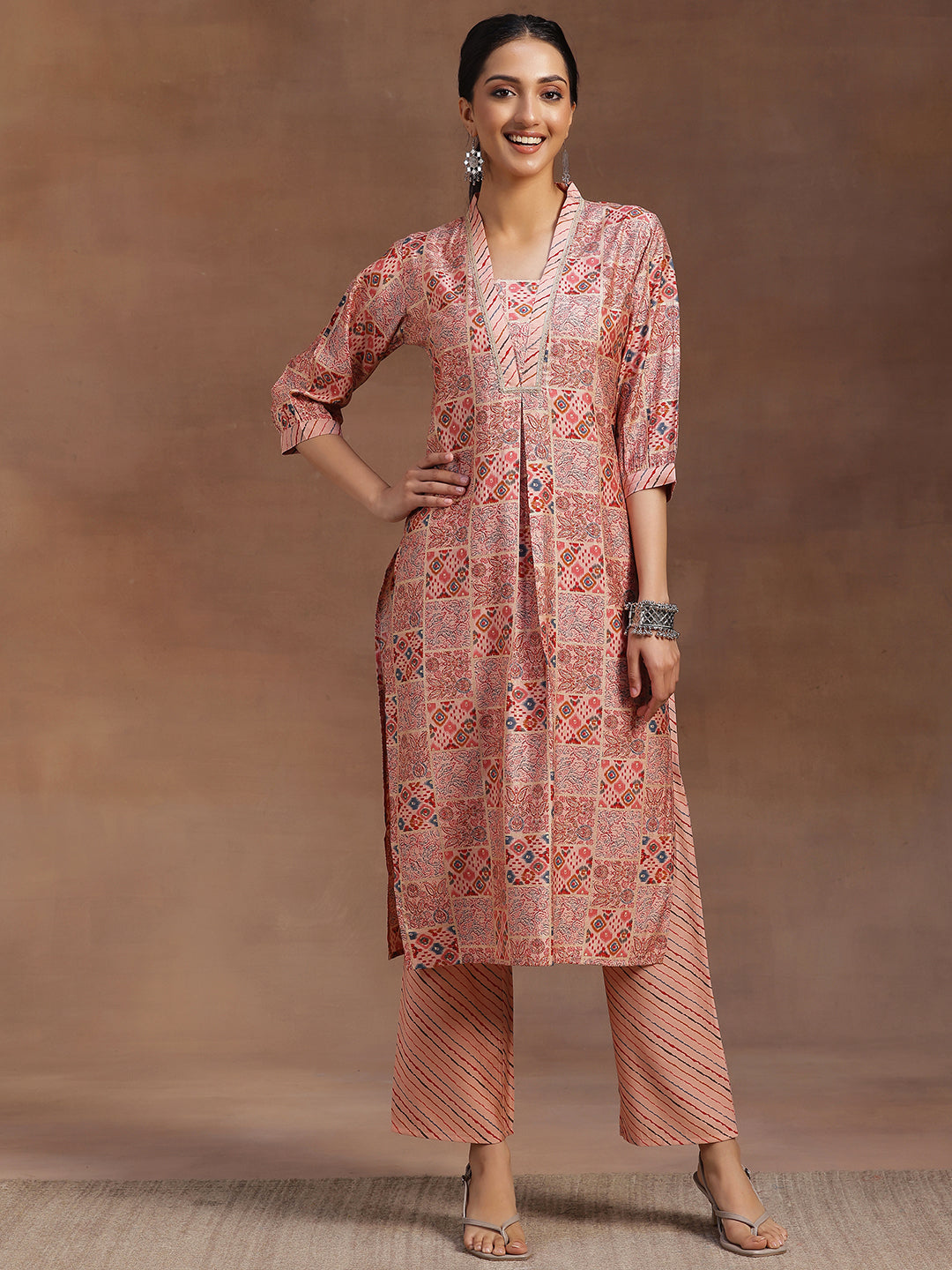 Peach Printed Silk Blend Straight Kurta Set