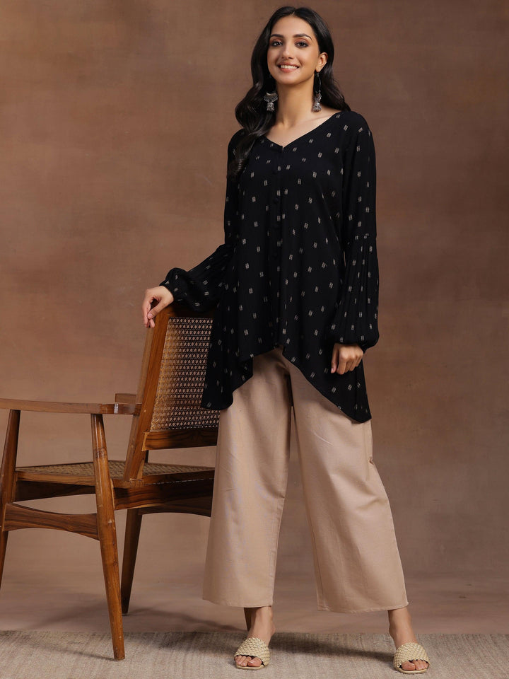 Black Woven Design Viscose Rayon A-line Kurti