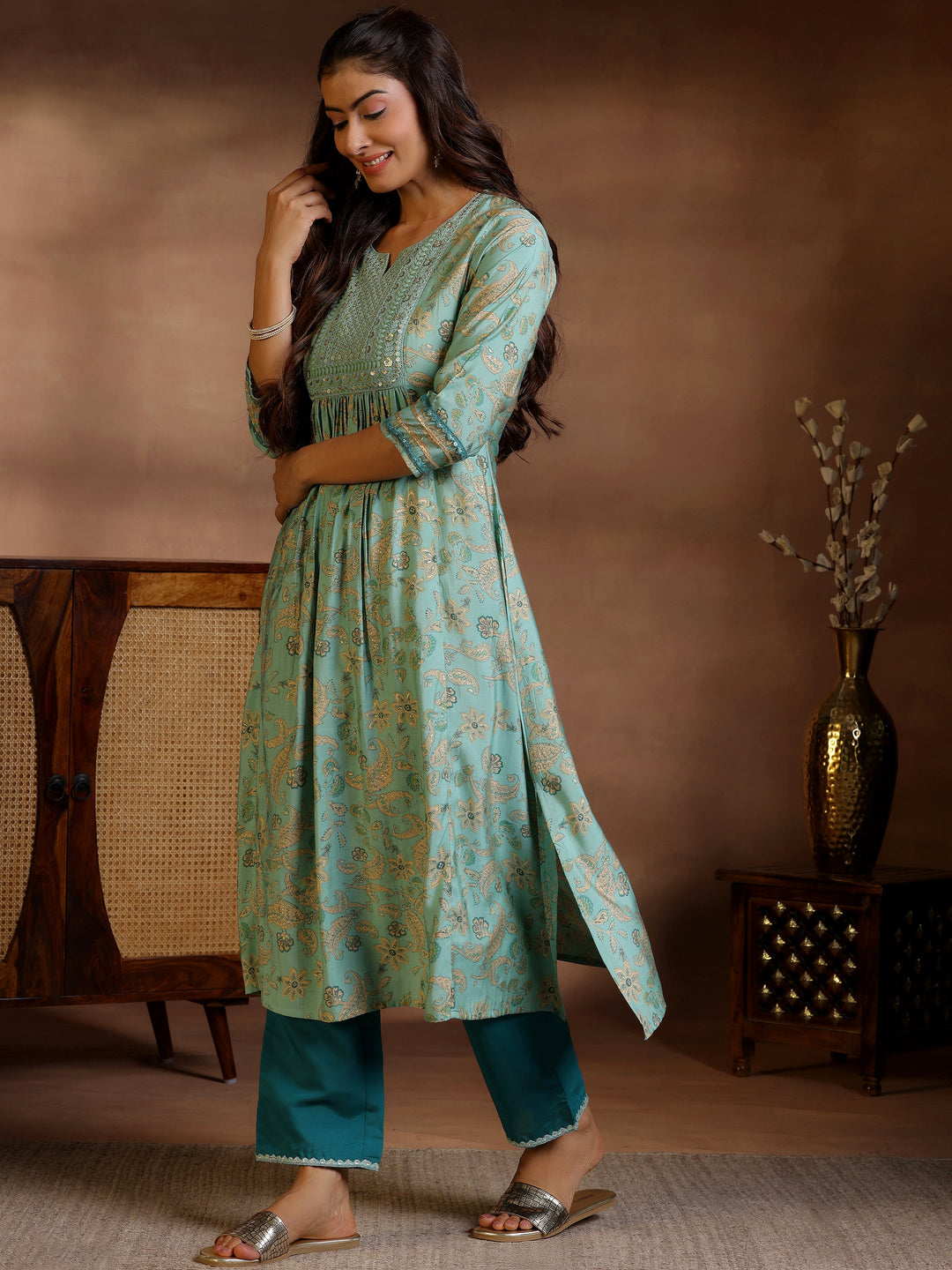 Green Printed Silk Blend A-Line Kurta With Palazzos