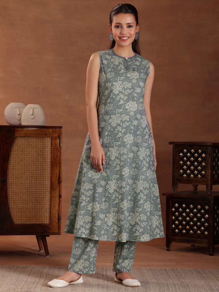 Grey Printed Pure Cotton A-Line Kurta With Trousers