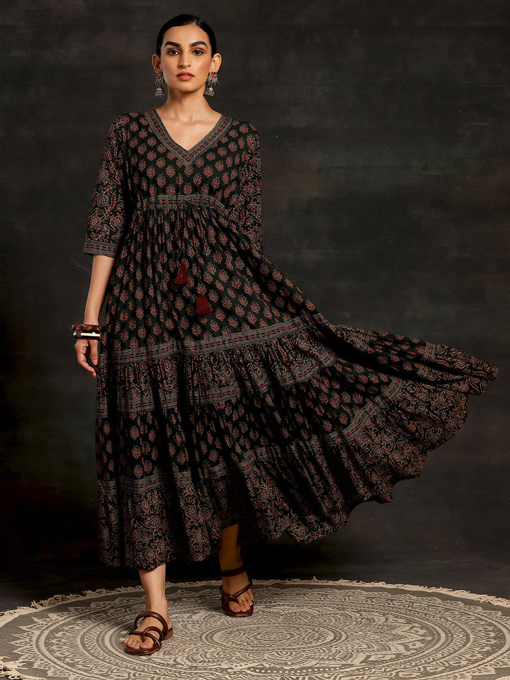 Green Printed Cotton A-Line Dress