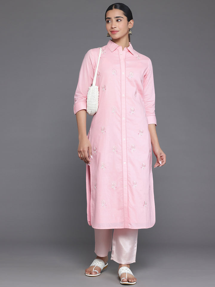 Pink Embroidered Cotton Straight Kurta