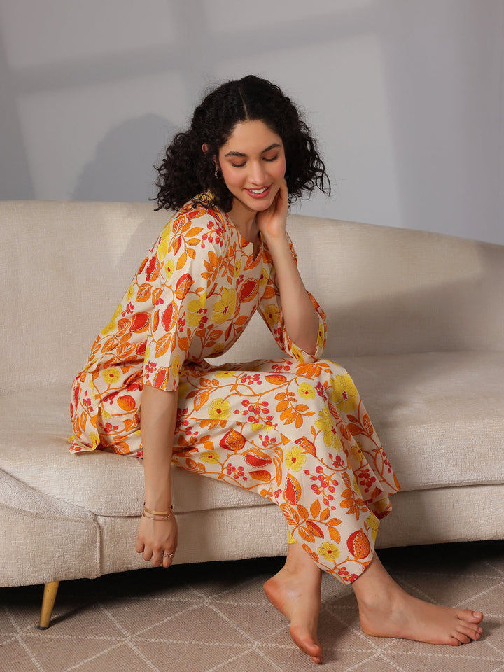 Yellow Printed Cotton Night Suits