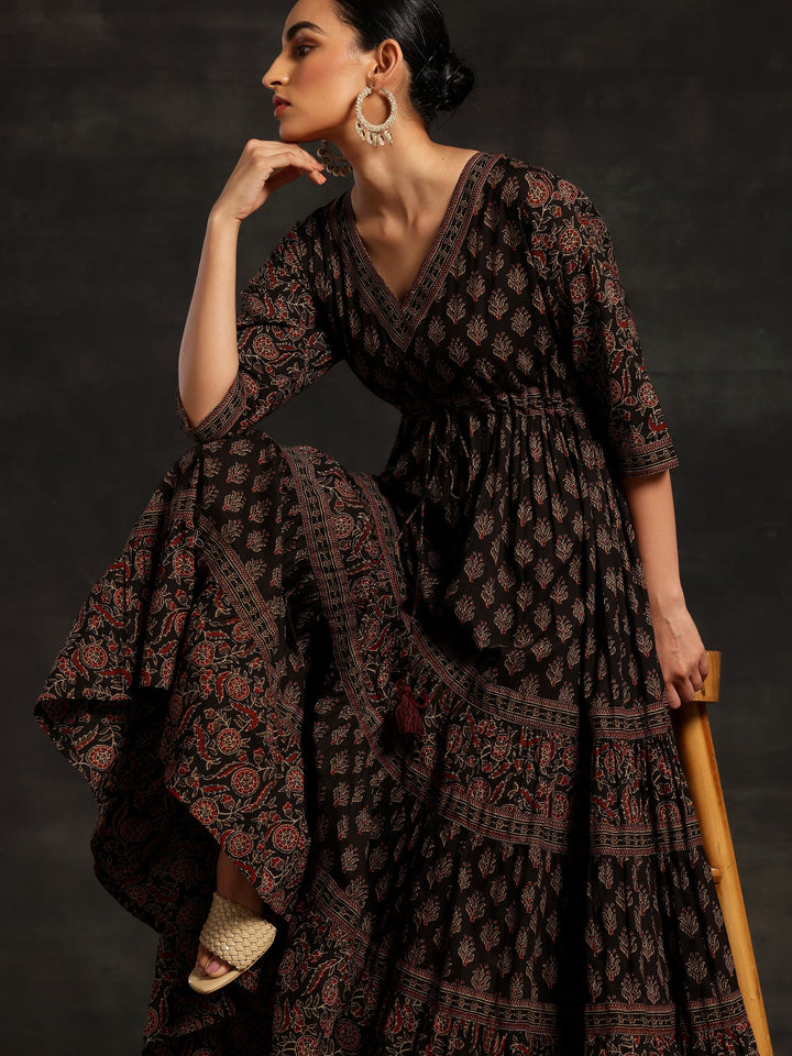 Black Printed Cotton A-Line Dress