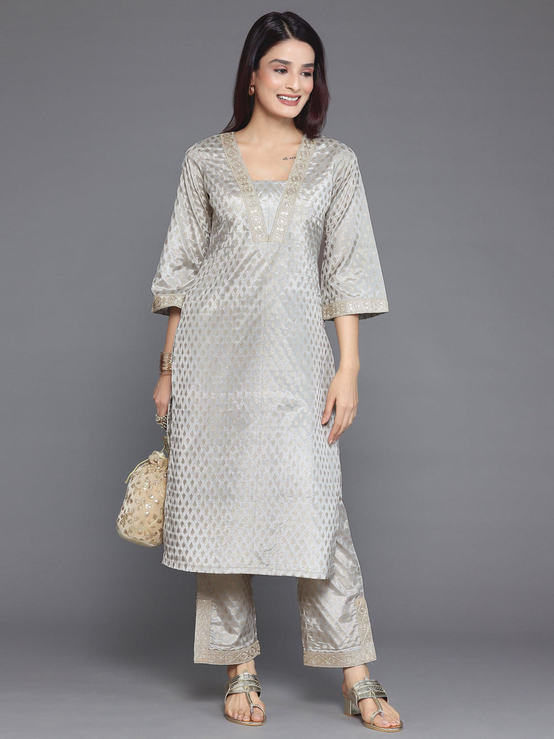 Grey Printed Silk Blend Straight Kurta Set