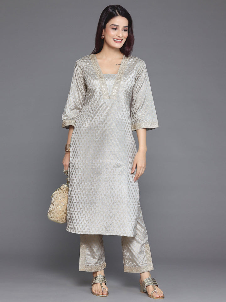 Grey Printed Silk Blend Straight Kurta Set