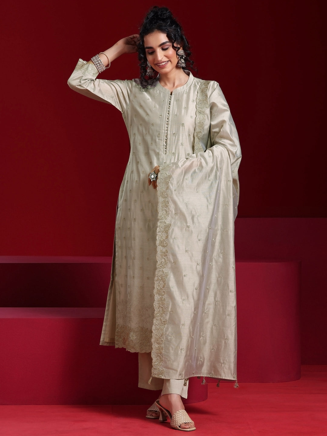 Libas Art Grey Embroidered Chanderi Silk Straight Suit With Dupatta